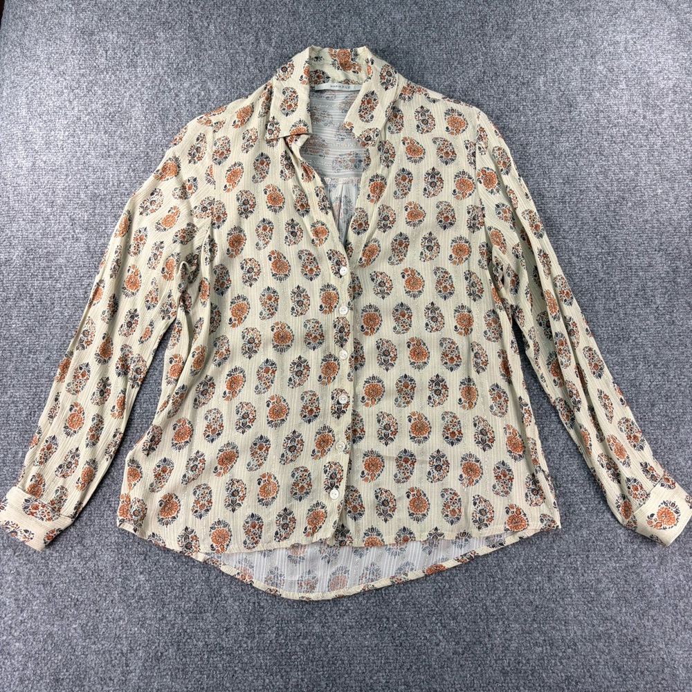 Women's Cream Printed Button-Down Shirt - Relaxed Floral Design size Small